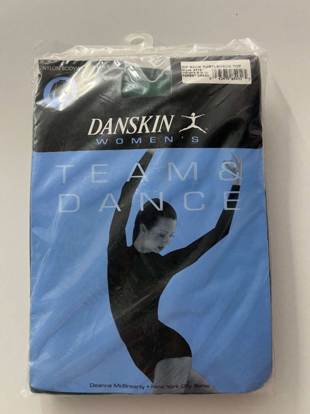 New in Package Danskin Nylon Zip Back Turtleneck Top Forest Green